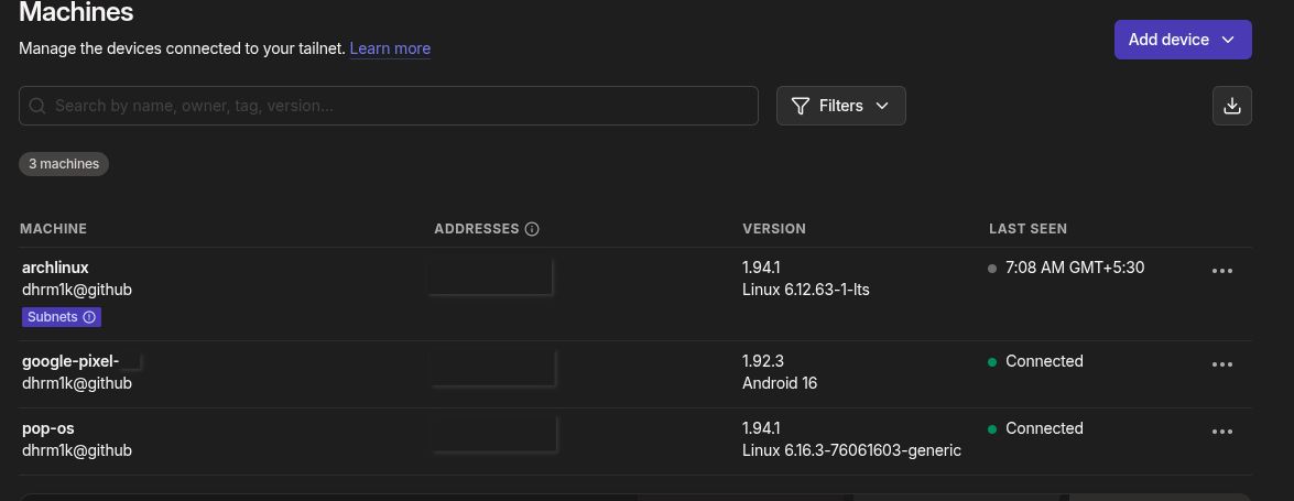 tailscale dashboard after i added my devices